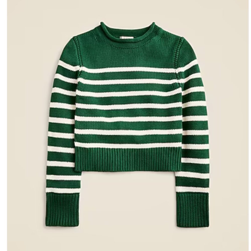J. Crew Heritage cotton Rollneck sweater in stripe green/white